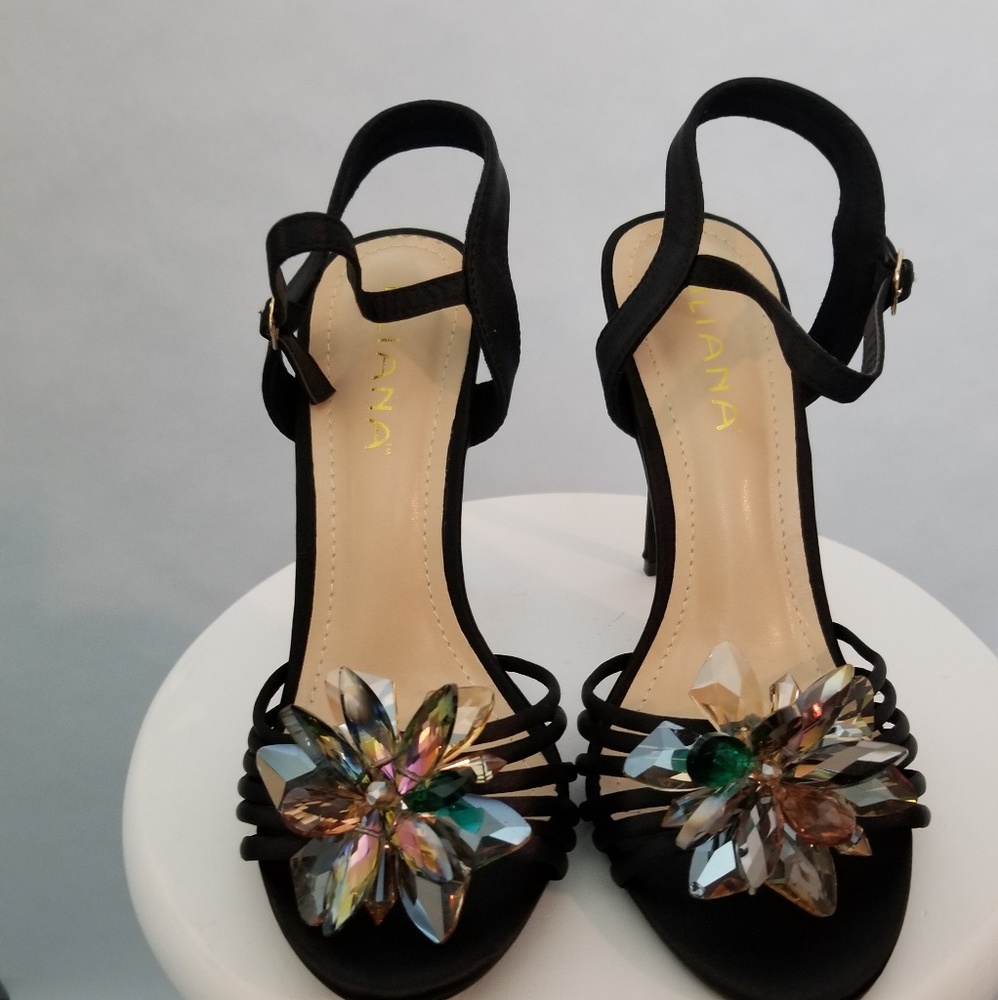 Black Fabric Heel with Stone Ornament